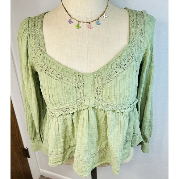 American Eagle Baby Doll Peasant Top Womens S Green 100% Cotton Crepe Lace Cute - Picture 2 of 7